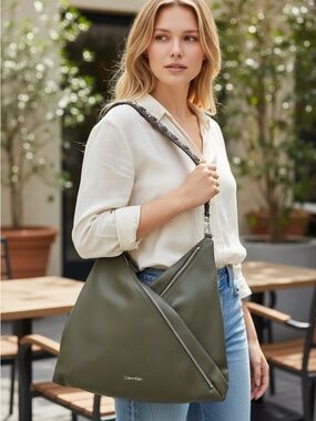 Calvin Klein Olive Green Faux Leather Hobo Tote NWT